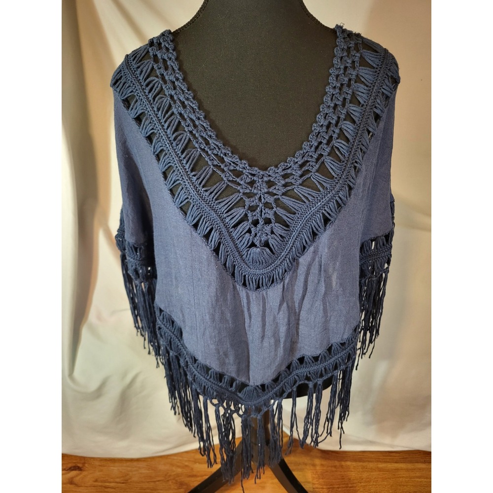 Unbranded Navy Blue‎ Crochet Poncho Fringe Coverup Viscose